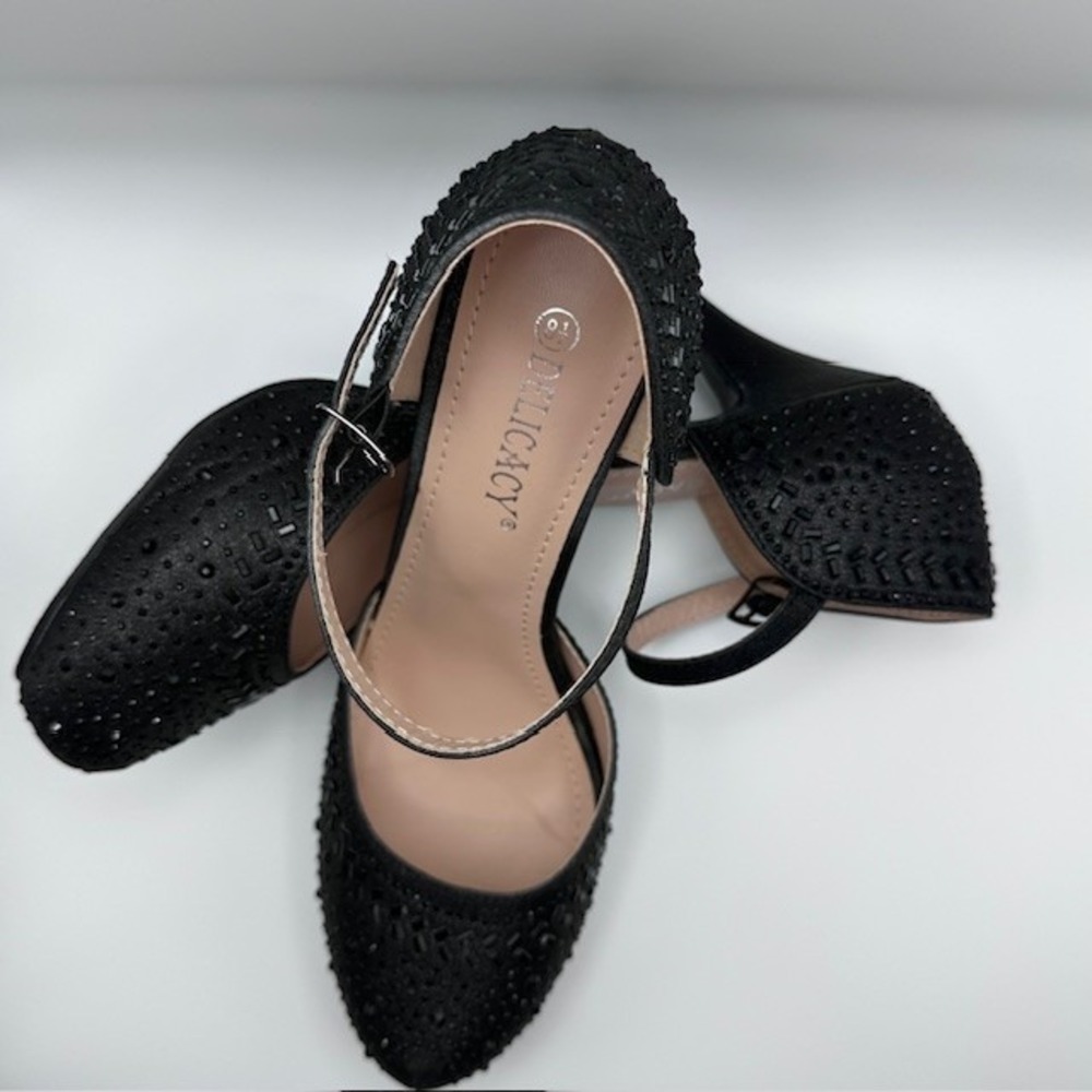 used designer black women's heels, adorned with black rhinestones, orig. box